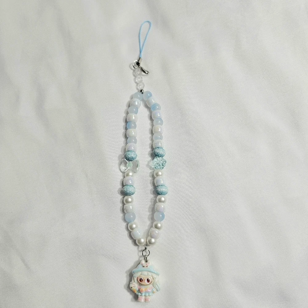 Cute Pastel Blue Girly Dainty Elegant Beaded Labubu Phone Charm or Wrist Strap